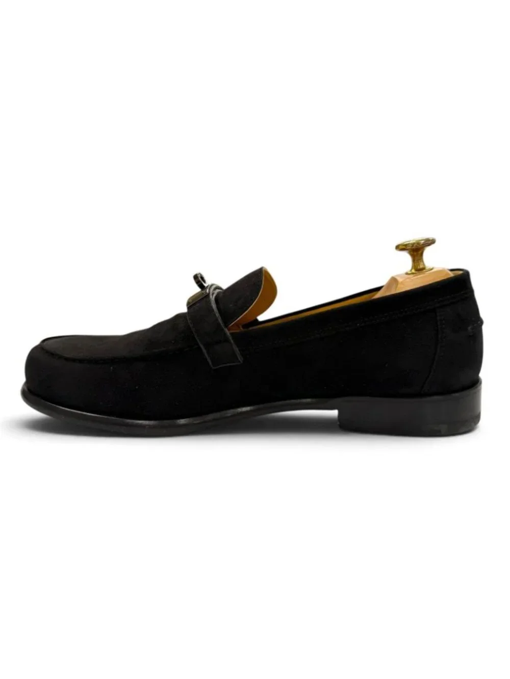 Hermes Suede Leather Kelly Buckle Chip Shoes Loafers Black Business
